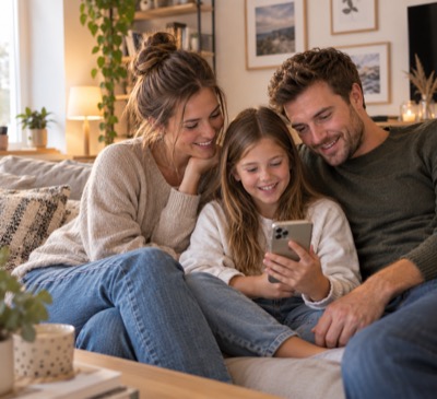 Eltern und Kind schauen gemeinsam auf ein Smartphone